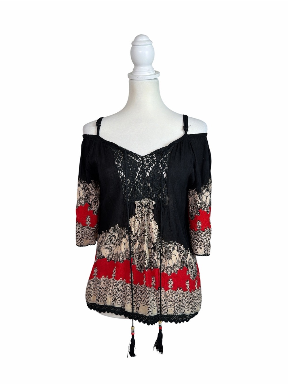 Angie Boho Black Red Cream Off Shoulder Crochet Tunic Top Women’s L
